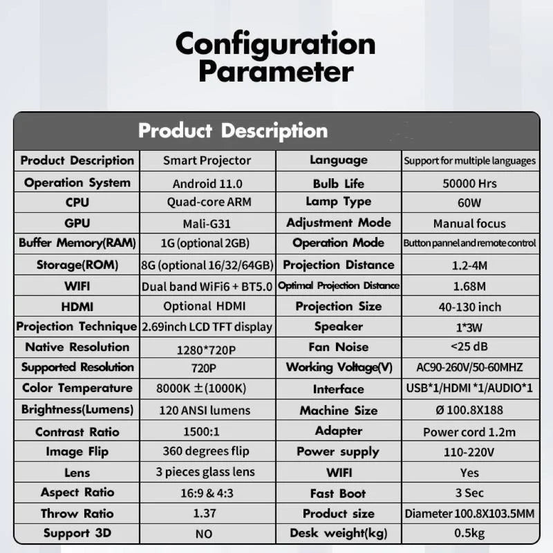 Portable Android WiFi and Bluetooth-Compatible 4K Projector